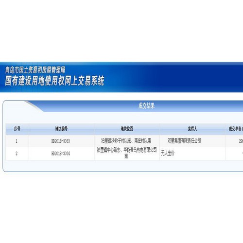 西海岸泊里镇2宗地块拍卖 双星集团竞得一幅另一幅流拍