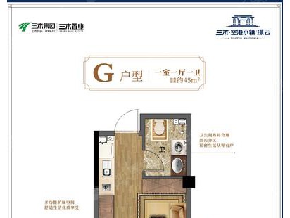 三木空港小镇璟云G-1室1厅1卫户型 