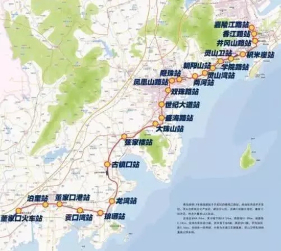 起于嘉陵江路站,经由青岛西海岸新区东部城区,西部城区与董家口经济区