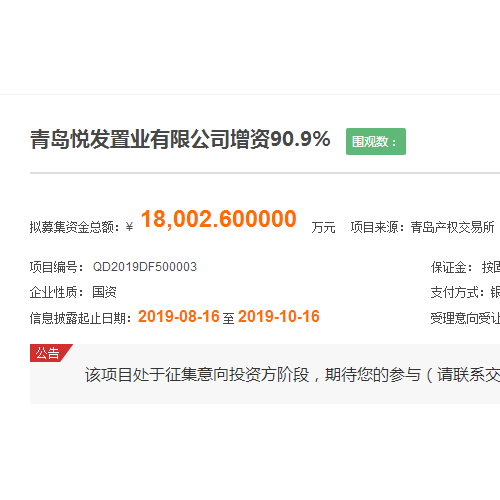 青岛悦发置业拟增资90.9% 涉及西海岸军民融合区四宗地